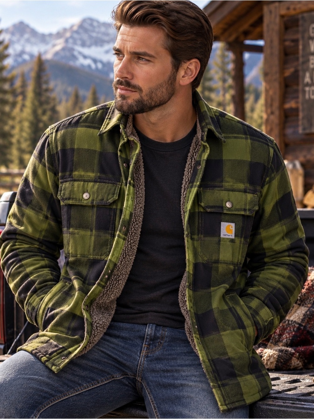 Carhartt 105939 Chive Plaid Sherpa Lined Shirt Jac Men’s Large Relaxed Fit